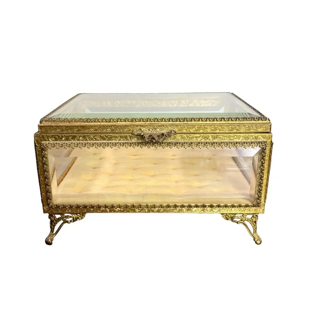 Vintage French‎ Jewelry Box Footed Casket Ormulu Filigree Beveled Glass Regency